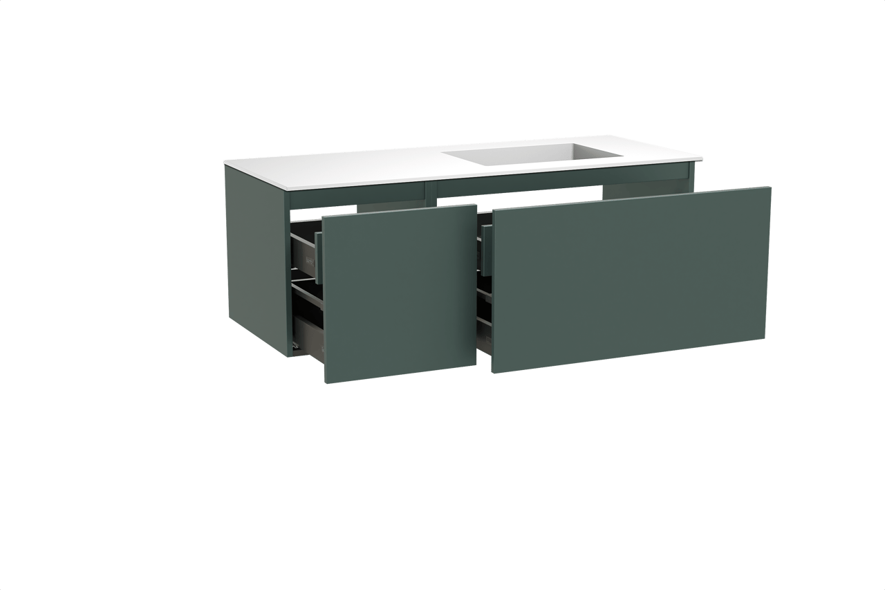 Balmani Sfera zwevend badkamermeubel 135 x 55 cm forest met Tablo Stretto asymmetrisch rechtse wastafel in solid surface mat wit