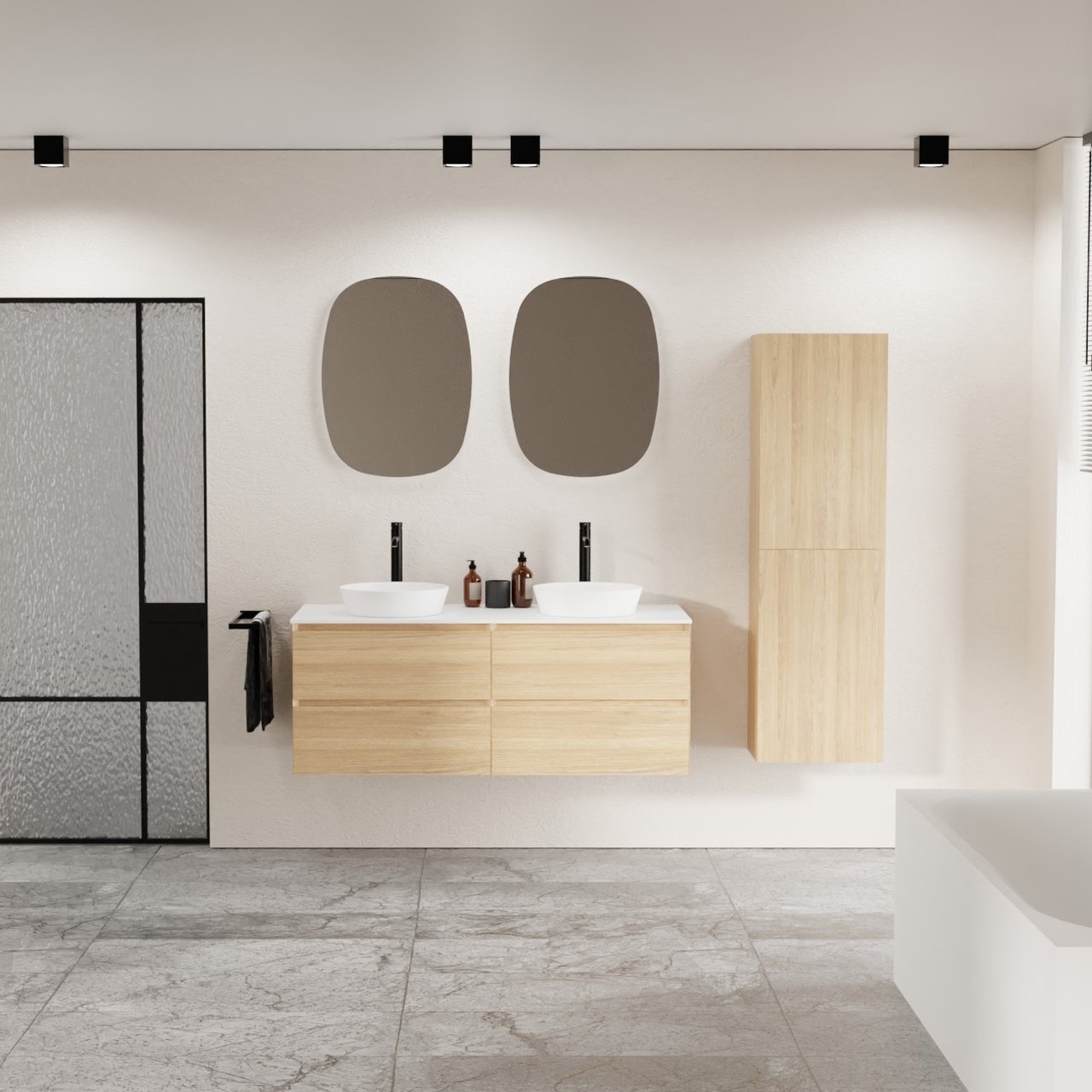 Balmani Mitra zwevend badmeubel 135 x 55 cm naturel eiken met Stretto enkel of dubbel wastafelblad in solid surface mat wit