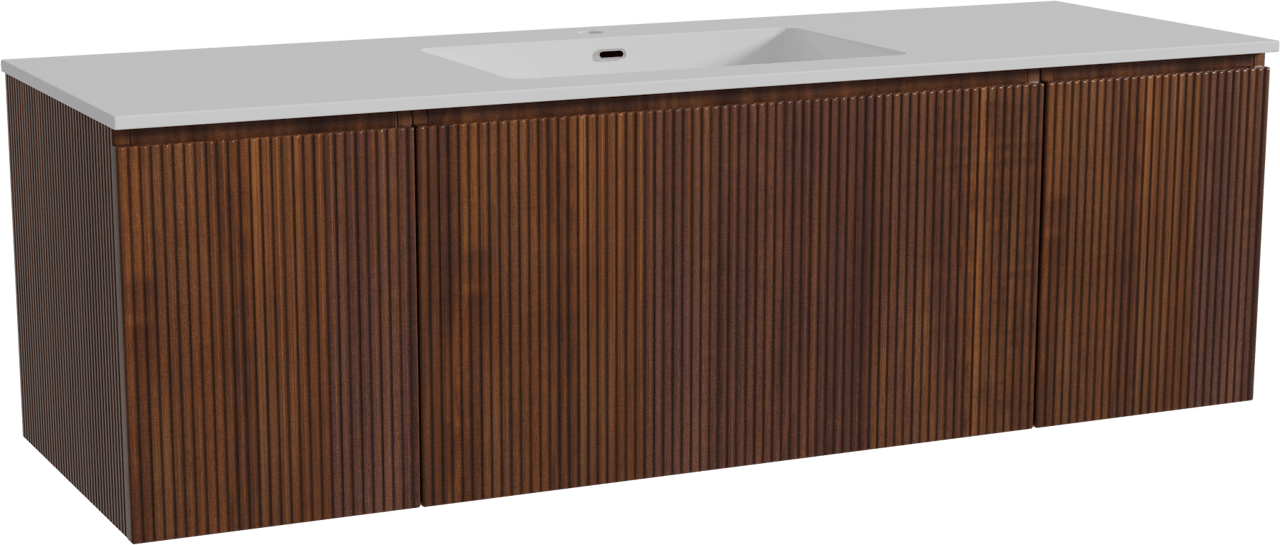 Storke Ribs zwevend badmeubel 155 x 52 cm notenhout met Diva enkele wastafel in composietmarmer hoogglans wit, Verticale symmetrische rechte ribbel