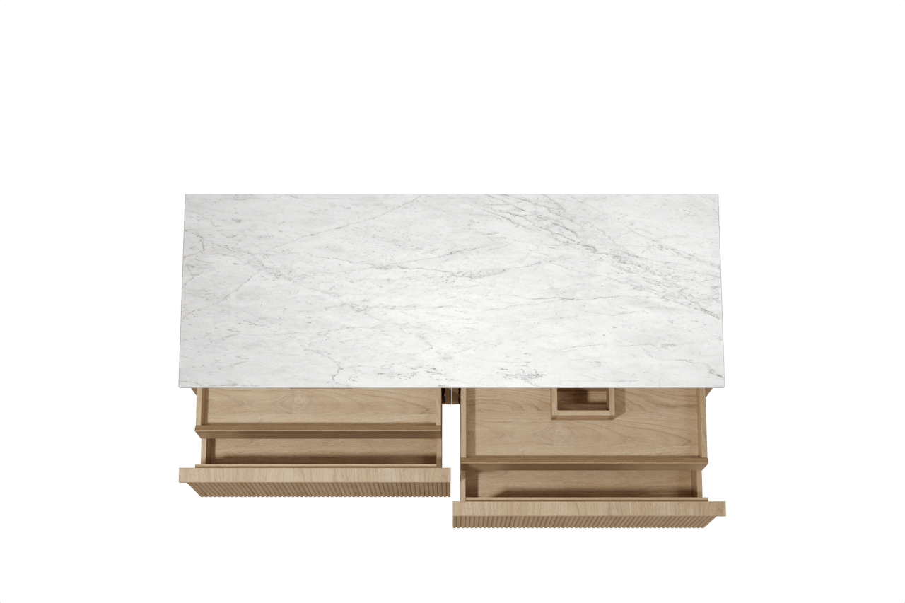 Balmani Forma zwevend badkamermeubel 150 x 55 cm natuur eik met Stretto enkel of dubbel tablet in marmer carrara, Verticale symmetrische rechte ribbel