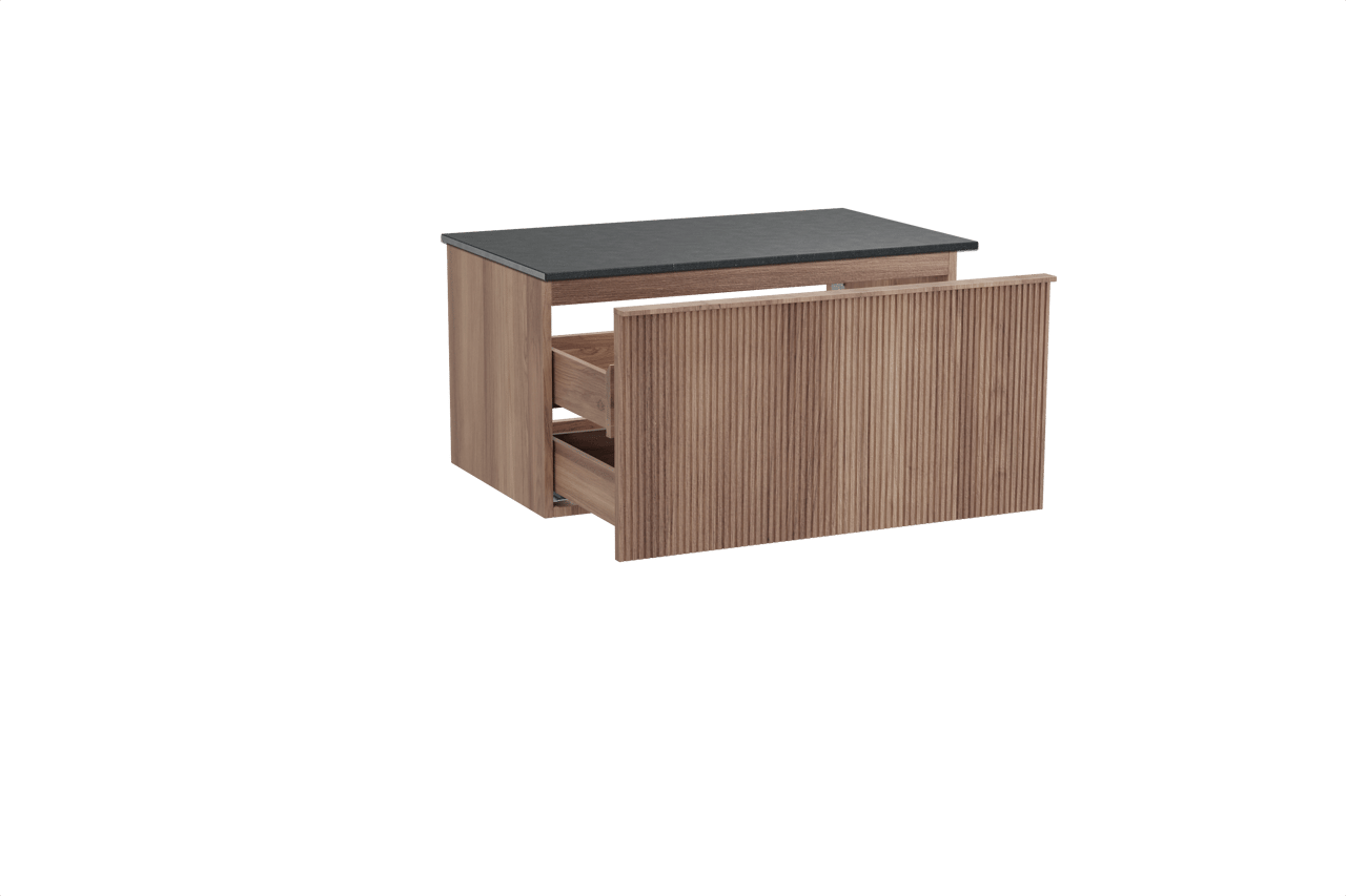 Balmani Forma hängendes Möbelstück Set: 90 x 55 cm, Teak, mit Stretto Einzel Waschtischplatte, Granit, Schwarzes Granit, Vertikale symmetrische gerade Rippe