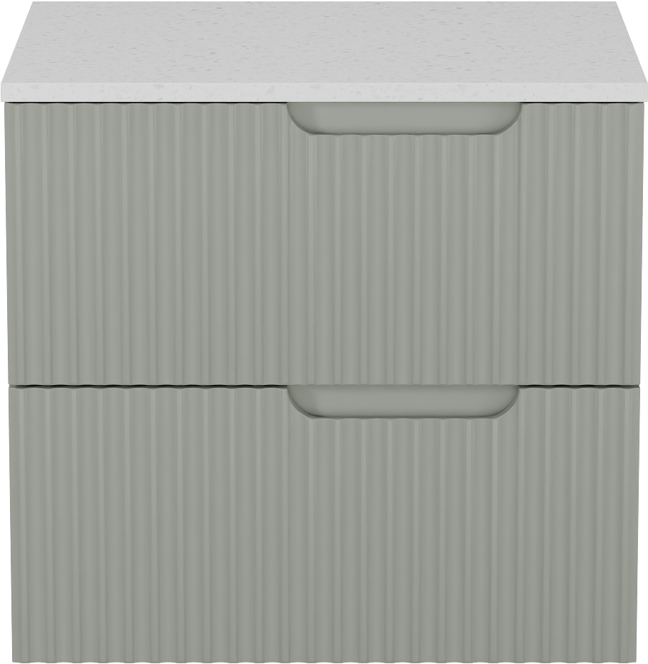 Linie Ribbo meuble salle de bains suspendu 60 x 46 cm greige avec Lado tablette simple en mélaminé terrazzo blanc, Nervure circulaire symétrique verticale