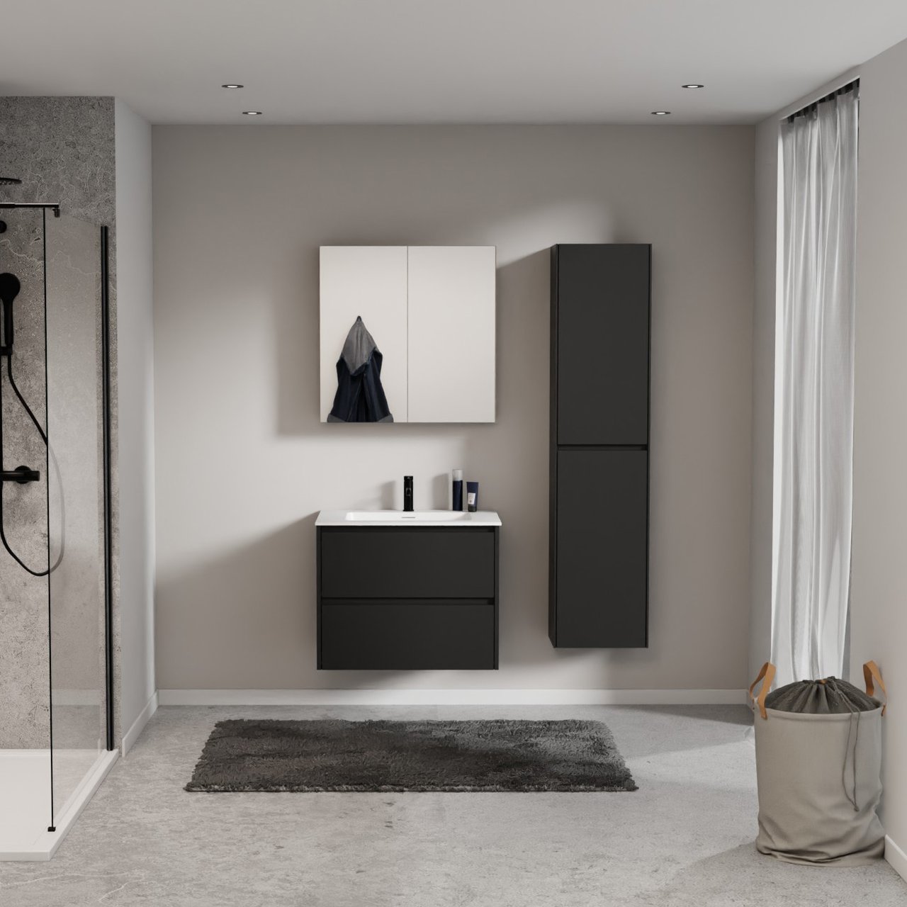 Storke Seda zwevend badmeubel 75 x 52 cm mat zwart met Mata enkele wastafel in solid surface mat wit