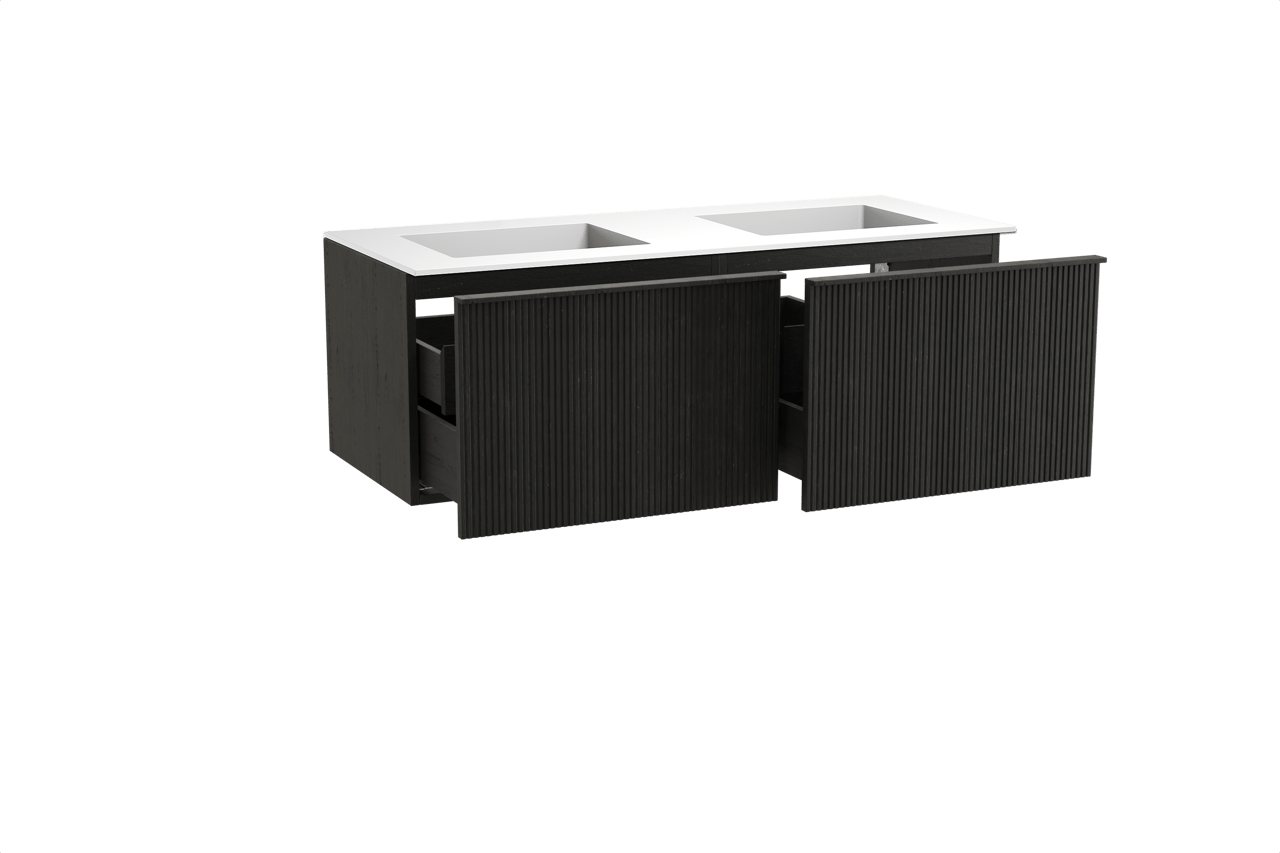 Balmani Forma zwevend badkamermeubel 135 x 55 cm zwarte eik met Tablo Stretto dubbele wastafel in solid surface mat wit, Verticale symmetrische rechte ribbel