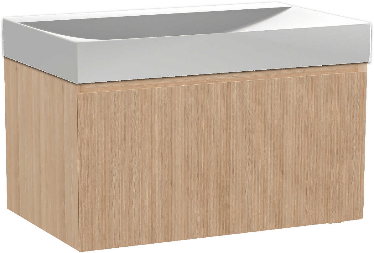 Balmani Fila by Mitra hängendes Möbelstück Set: 90 x 55 cm, Naturbelassene Eiche, mit Wave Einzelwaschtisch, Solid Surface, Weiß matt, Vertikale symmetrische gerade Rippe