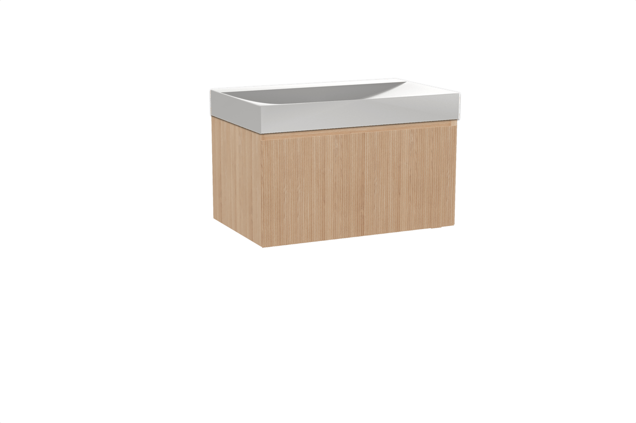 Balmani Fila hängendes Möbelstück Set: 90 x 55 cm, Naturbelassene Eiche, mit Wave Einzelwaschtisch, Solid Surface, Weiß matt, Vertikale symmetrische gerade Rippe