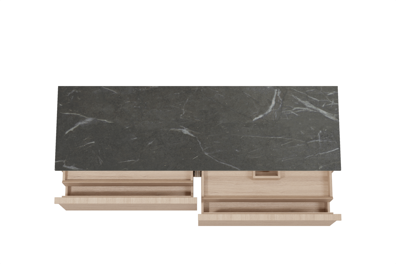 Balmani Forma hängendes Möbelstück Set: 180 x 55 cm, Naturbelassene Eiche, mit Stretto Einzel- oder Doppel Waschtischplatte, Marmor, Pietra Grey, Horizontale symmetrische gerade Rippe