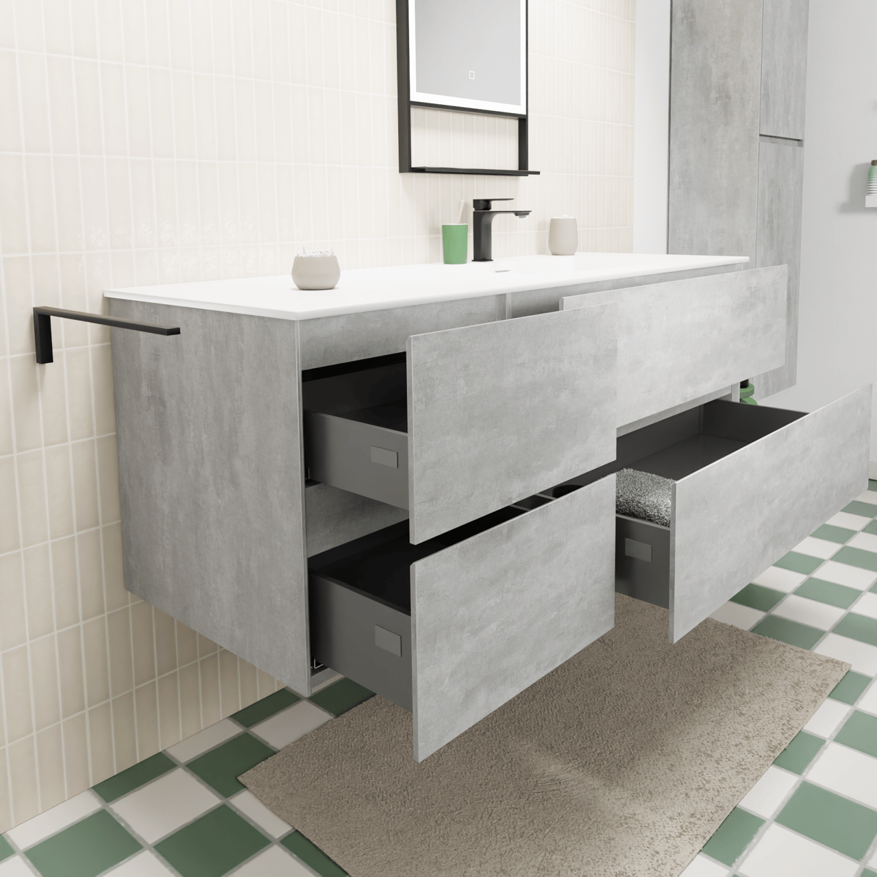 Storke Edge zwevend badmeubel 140 x 52 cm beton donkergrijs met Mata asymmetrisch rechtse wastafel in solid surface mat wit