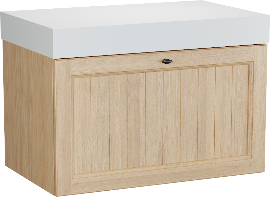 Balmani Lemon hängendes Möbelstück Set: 90 x 55 cm, Naturbelassene Eiche Furnier, mit Dominus Einzel Waschtischplatte, Weiß matt