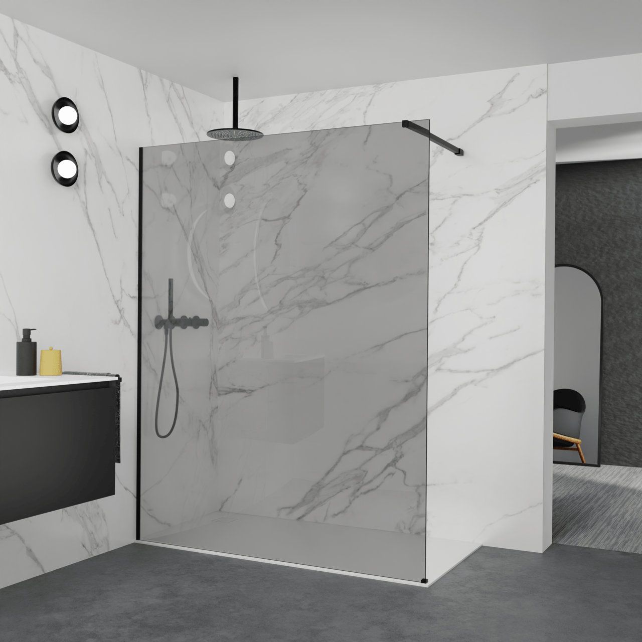 Balmani Modular Walk-In Dusche: 160 x 200 cm, Rauchglas, inklusive Coating, Profil Schwarz matt