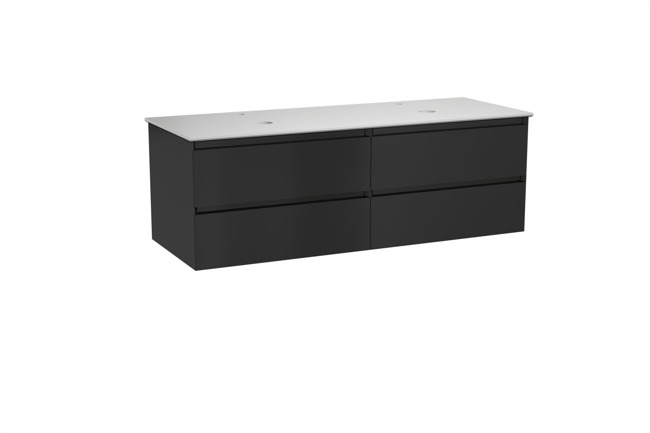 Balmani Mitra hängendes Möbelstück Set: 150 x 55 cm, Schwarz matt, mit Facetta Doppel Waschtischplatte, Solid Surface Weiß matt