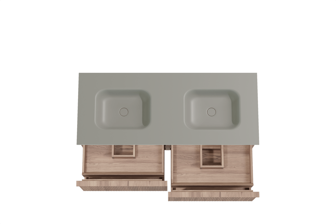 Balmani Forma zwevend badkamermeubel 135 x 55 cm teak met Tablo Arcato dubbele wastafel in solid surface steengrijs, Verticale symmetrische rechte ribbel