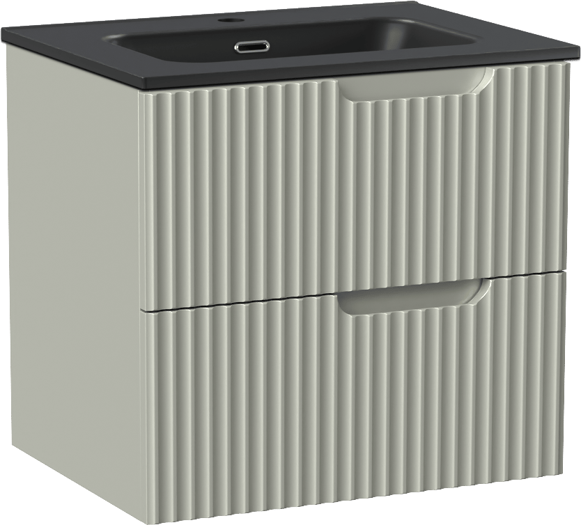 Linie Ribbo meuble salle de bains suspendu 60 x 46 cm greige avec Baro plan simple en porcelaine noir mat, Nervure circulaire symétrique verticale