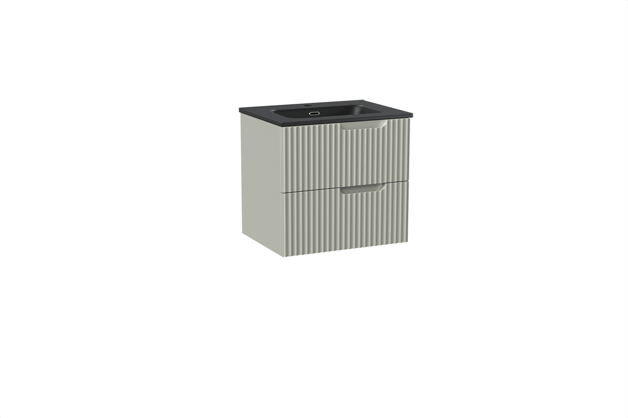 Linie Ribbo meuble salle de bains suspendu 60 x 46 cm greige avec Baro plan simple en porcelaine noir mat, Nervure circulaire symétrique verticale