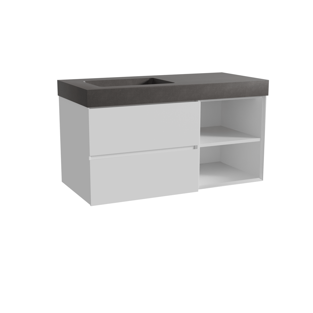 Storke Edge zwevend badmeubel 110 x 52 cm mat wit met Scuro High asymmetrisch linkse wastafel in kwarts mat zwart