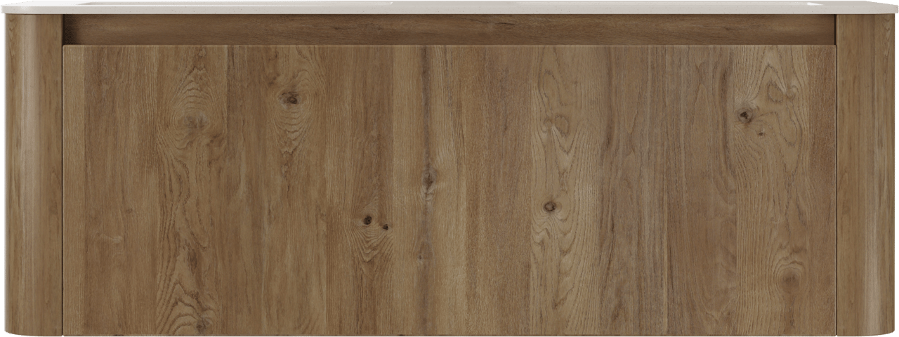 Storke Soft hängendes Möbelstück Set: 140 x 46 cm, Eiche rau, mit Mata Soft Doppelwaschtischplatte Solid Surface Beige Granit