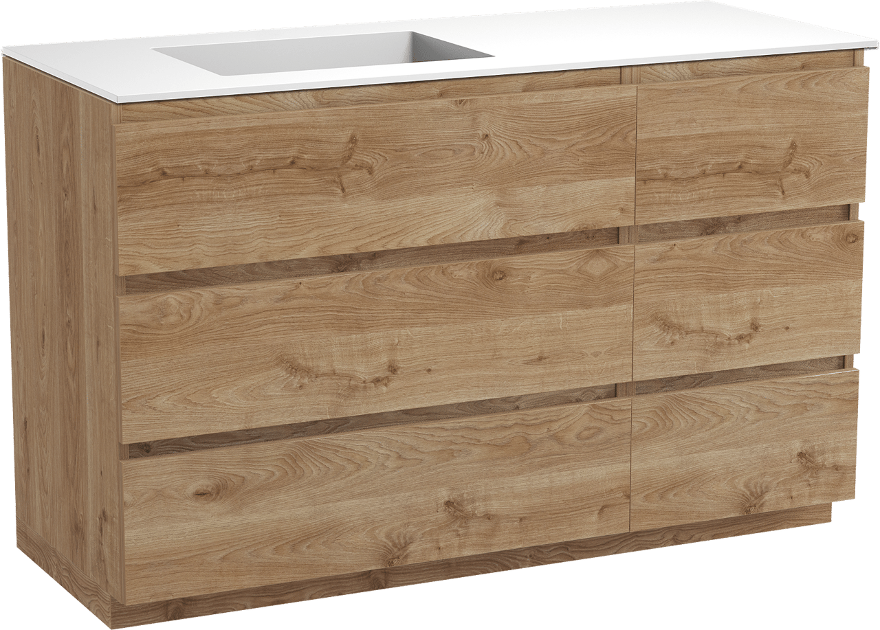 Balmani Lucida freistehendes Möbelstück Set: 135 x 55 cm, Rohe Eiche, mit Tablo Stretto Waschtisch links, Solid Surface Weiß matt
