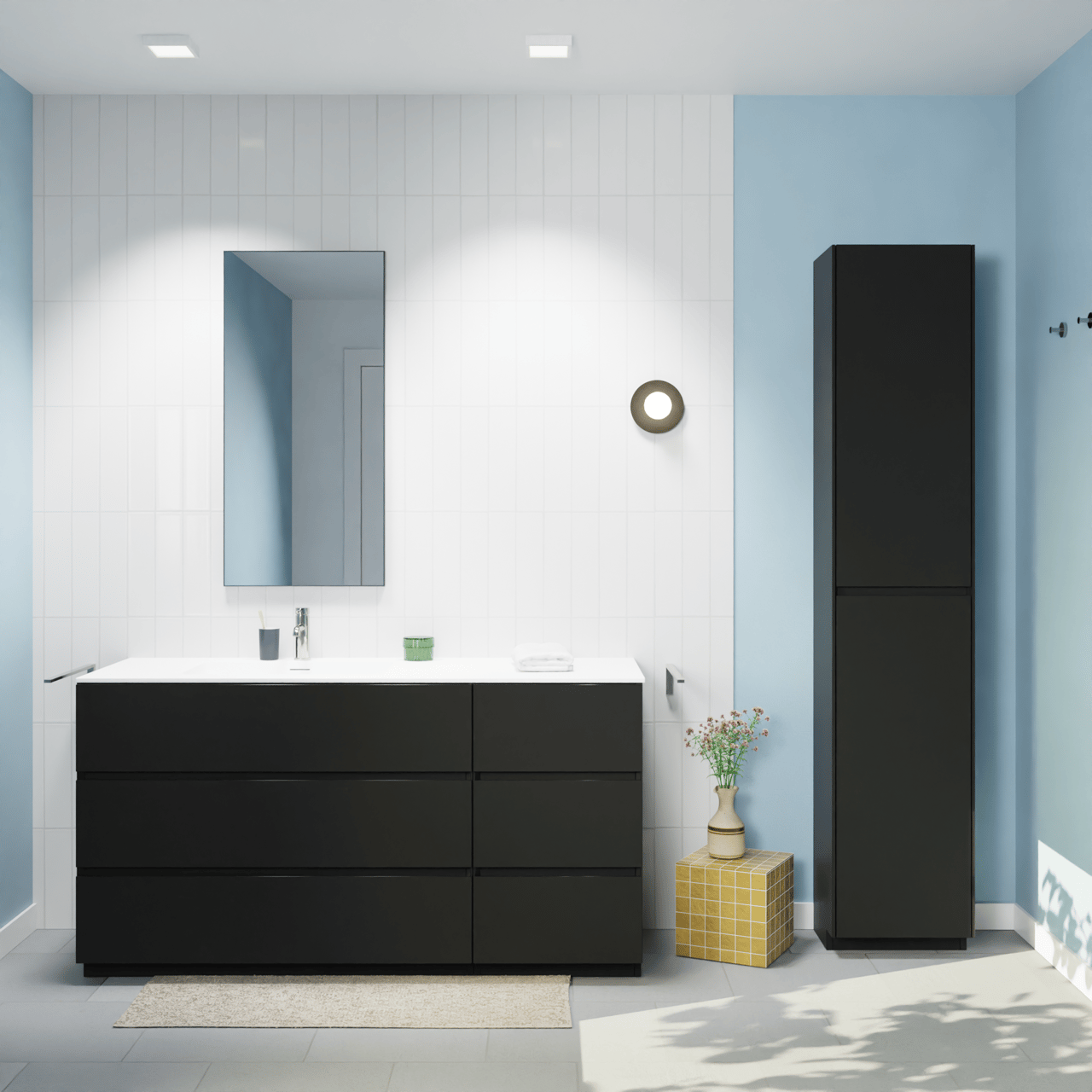 Storke Edge staand badmeubel 150 x 52 cm mat zwart met Mata asymmetrisch linkse wastafel in solid surface mat wit