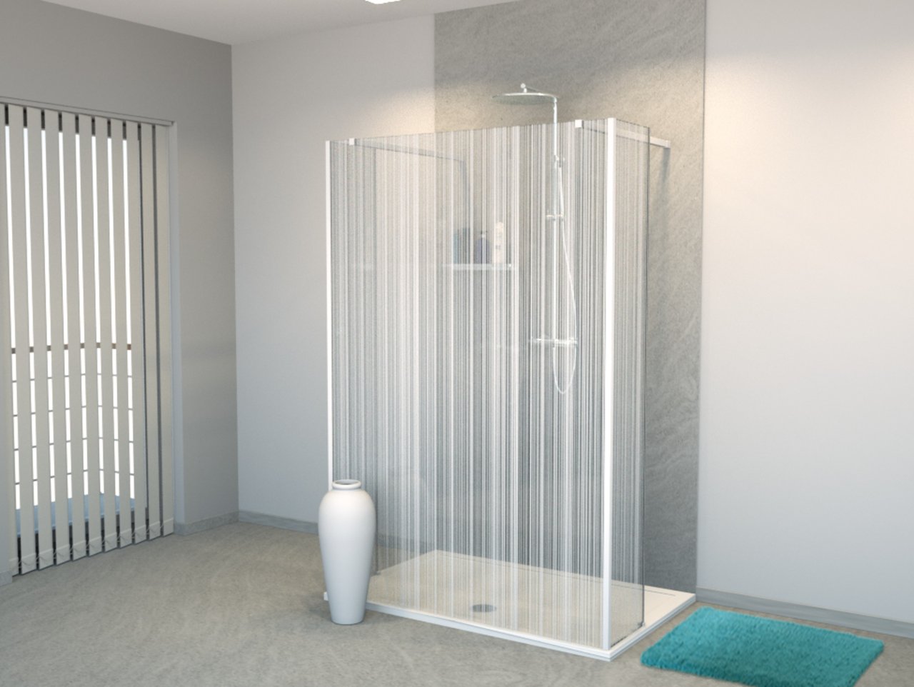 Balmani BMSS douche à l'italienne avec paroi autoportante et panneau fixe 140 x 200 cm verre code barre blanc profil blanc mat