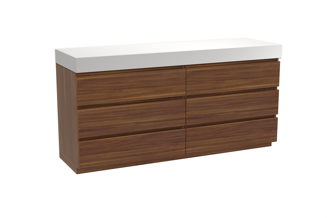 Balmani Lucida staand badkamermeubel 180 x 55 cm amerikaanse notelaar met Dominus enkel of dubbel tablet in solid surface mat wit