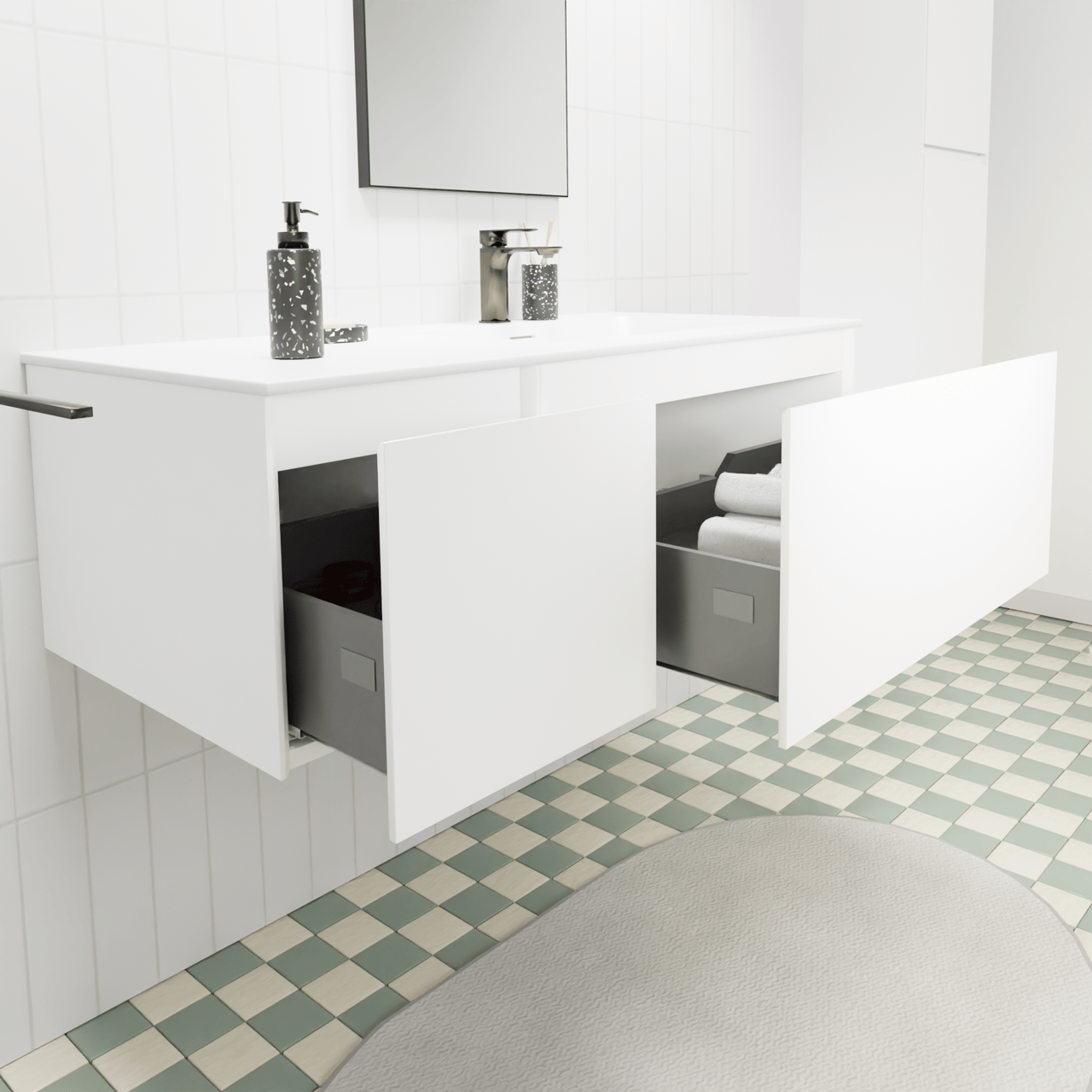 Storke Edge zwevend badmeubel 110 x 52 cm mat wit met Mata asymmetrisch rechtse wastafel in solid surface mat wit