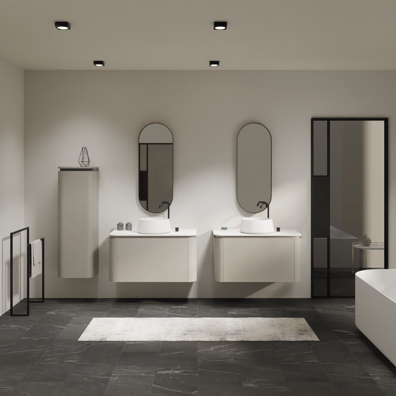 Balmani Moon meuble salle de bains suspendu 100 x 55 cm soie grise avec Moon tablette simple en solid surface blanc mat