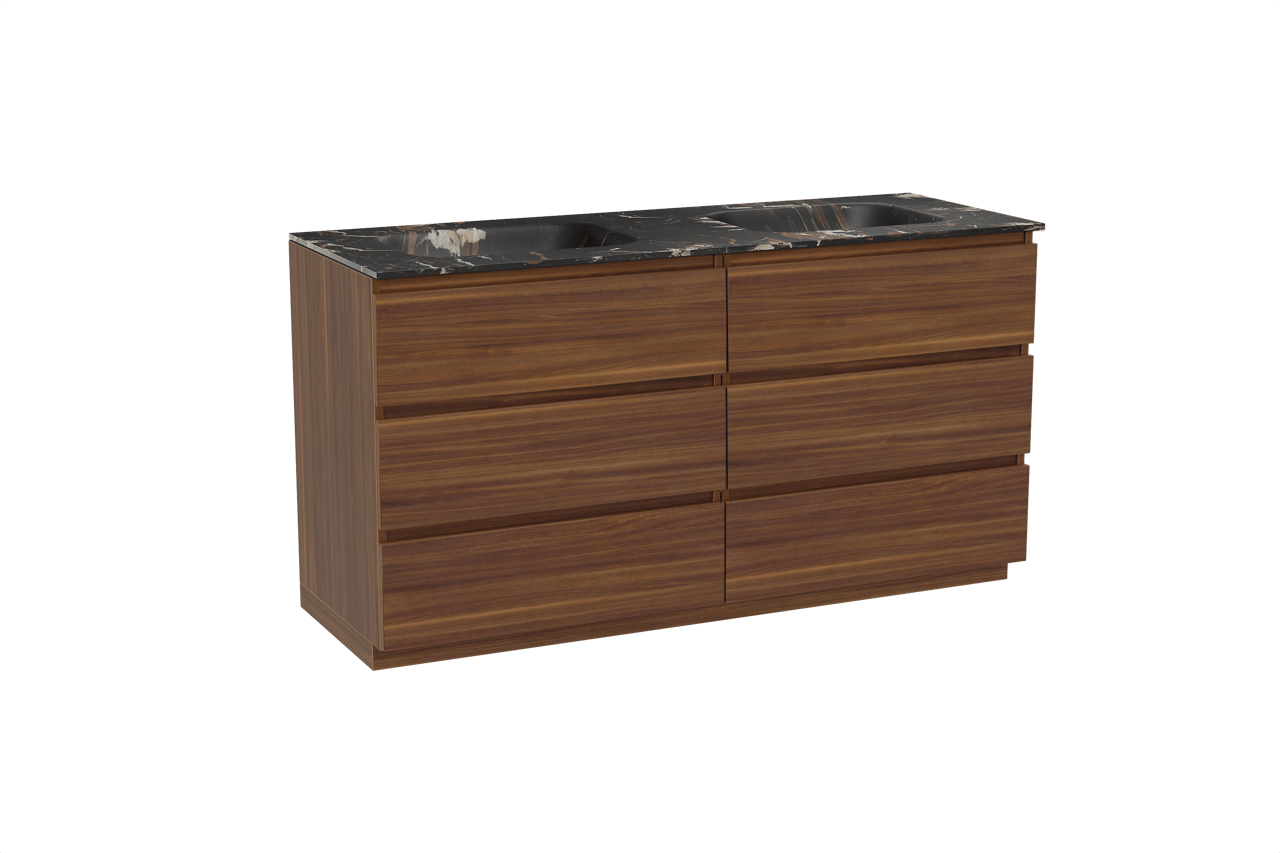 Balmani Lucida staand badkamermeubel 150 x 55 cm amerikaanse notelaar met Tablo Arcato dubbele wastafel in marmer portoro gold