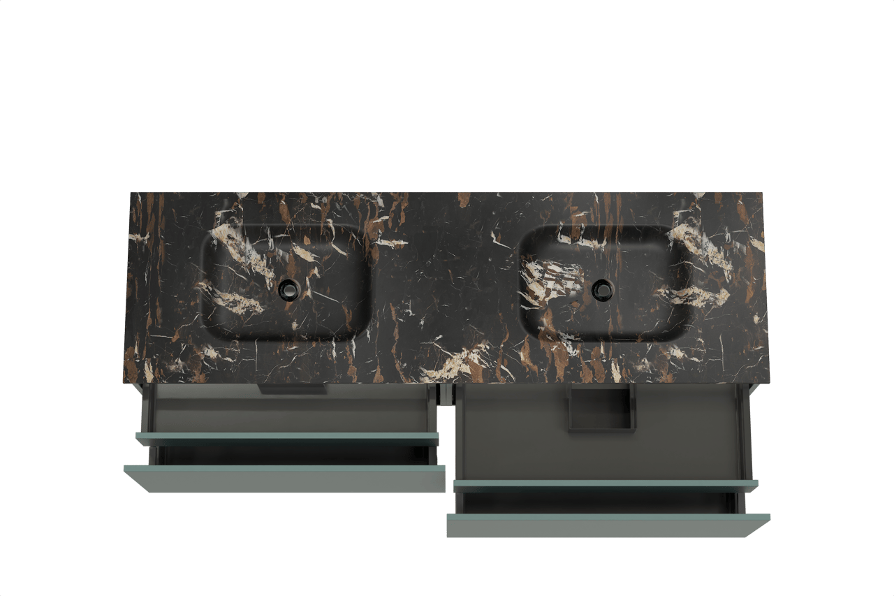 Balmani Sfera zwevend badkamermeubel 180 x 55 cm forest met Tablo Arcato dubbele wastafel in marmer portoro gold