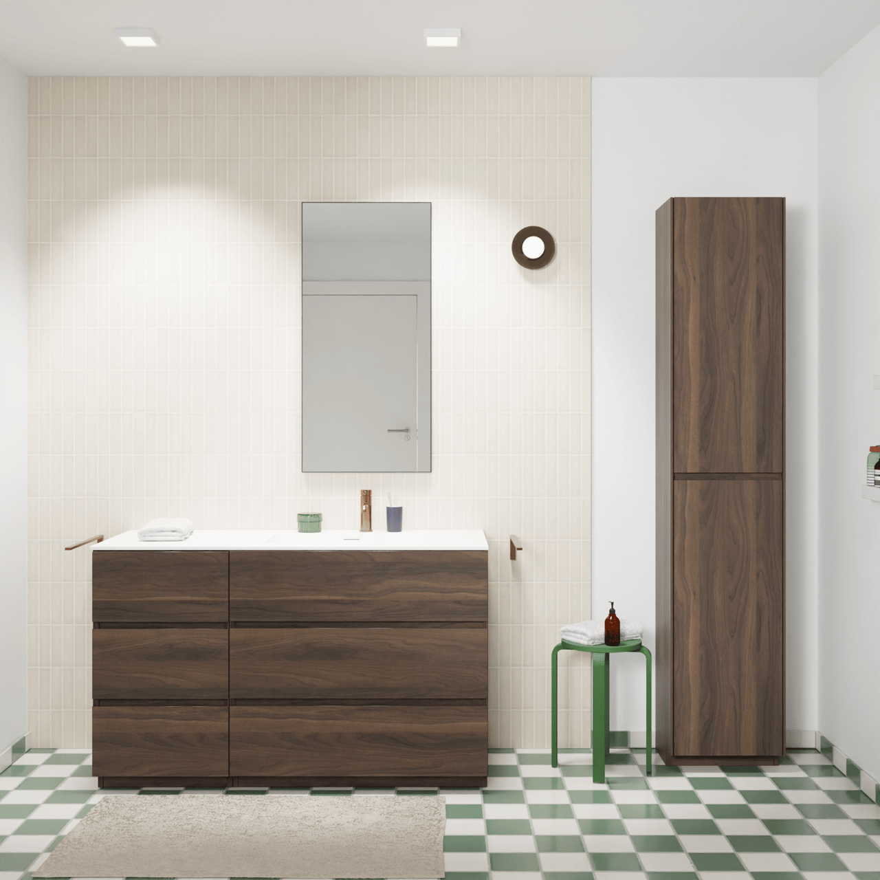 Storke Edge meuble salle de bains à poser 130 x 52 cm noyer avec Mata plan vasque asymétrique à droite en solid surface blanc mat