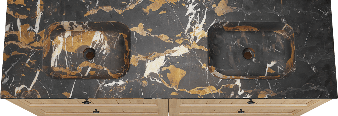 Balmani Lemon staand badkamermeubel 180 x 55 cm, fineer natuur eik met Tablo Arcato dubbele wastafel in portoro gold