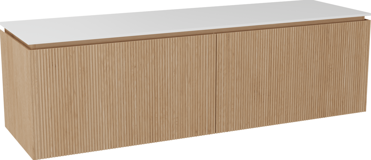 Balmani Eclips zwevend badkamermeubel 180 x 55 cm Natuur eik met Stretto enkel of dubbel tablet in Solid Surface mat wit, Verticale symmetrische rechte ribbel