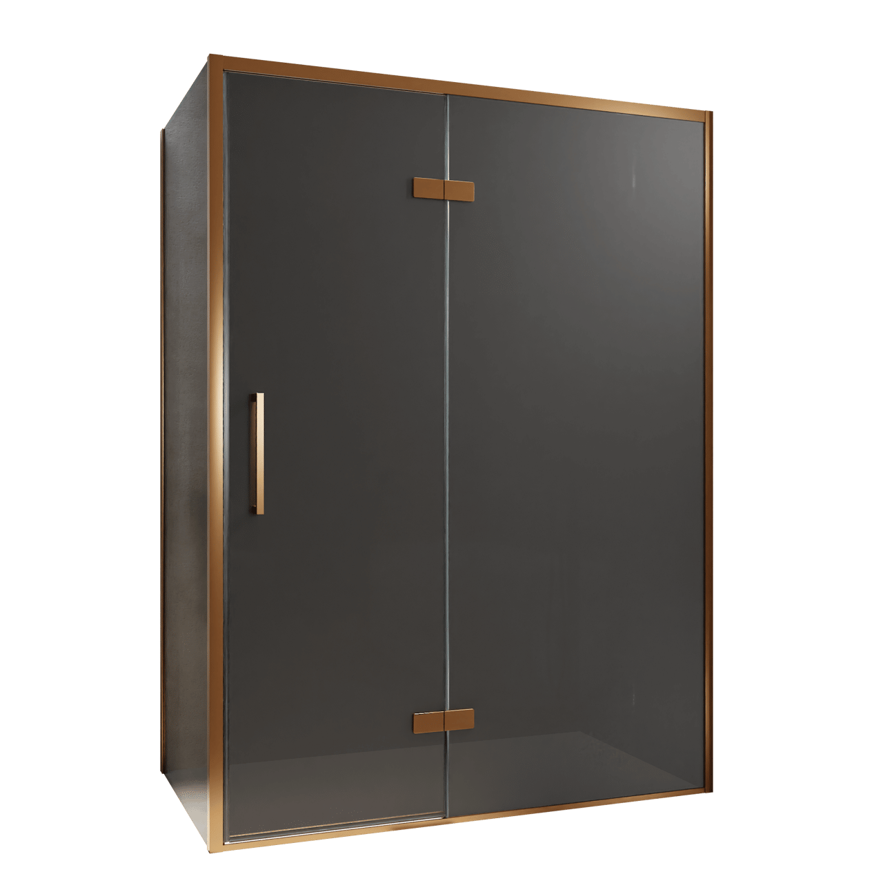 Balmani Senses Design douche en coin avec porte pivotante à droite et paroi latérale fixe, 140 x 100 cm, Verre fumé, Profil Brushed Rosegold, coating inclus, coating inclus