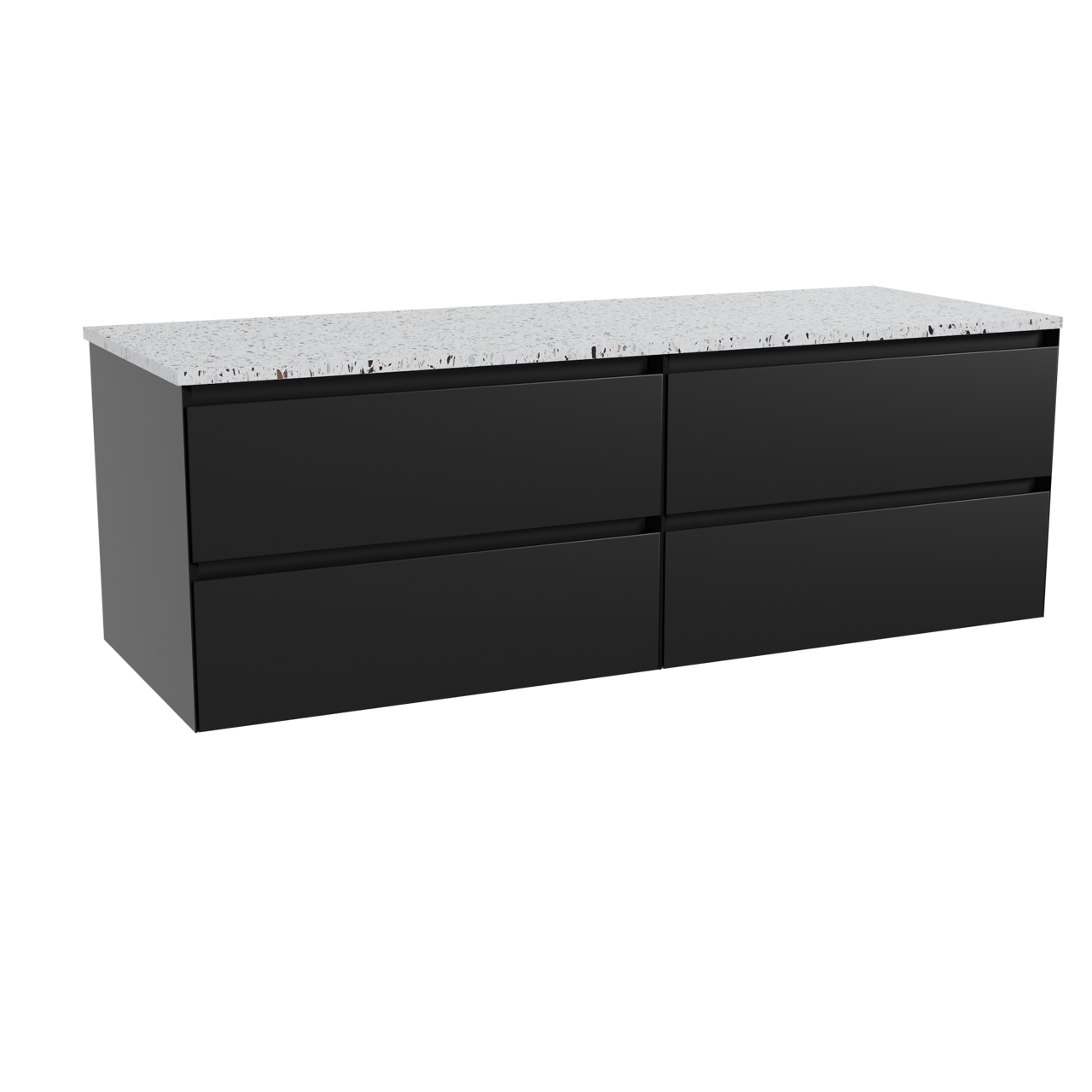 Balmani Mitra hängendes Möbelstück Set: 150 x 55 cm, Schwarz matt, mit Stretto Einzel- oder Doppel Waschtischplatte, Terrazzo in Weiß/Schwarz matt