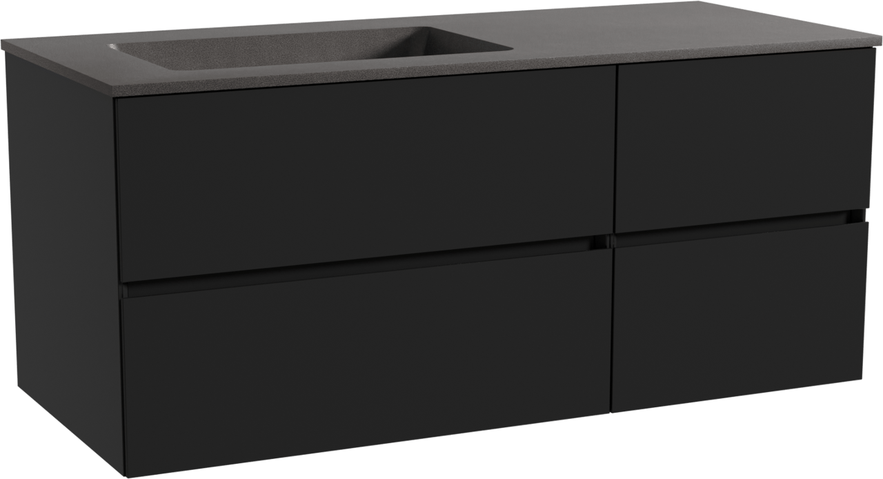 Storke Edge zwevend badmeubel 120 x 52 cm mat zwart met Scuro asymmetrisch linkse wastafel in kwarts mat zwart