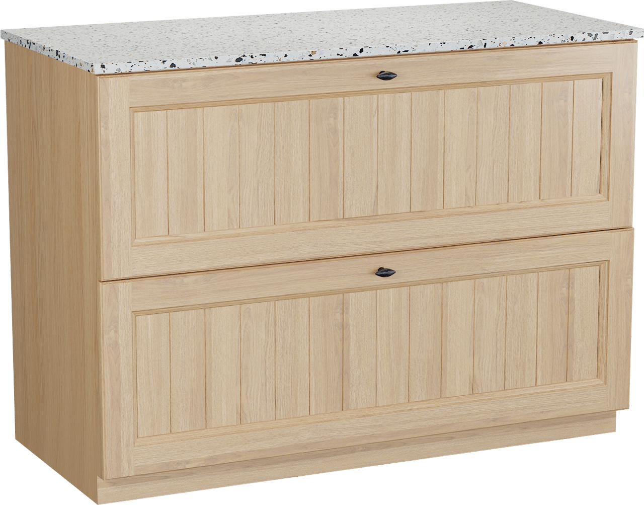 Balmani Lemon freistehendes Möbelstück Set: 120 x 55 cm, Naturbelassene Eiche Furnier, mit Stretto Einzel- oder Doppel Waschtischplatte, Terrazzo in Weiß/Schwarz matt