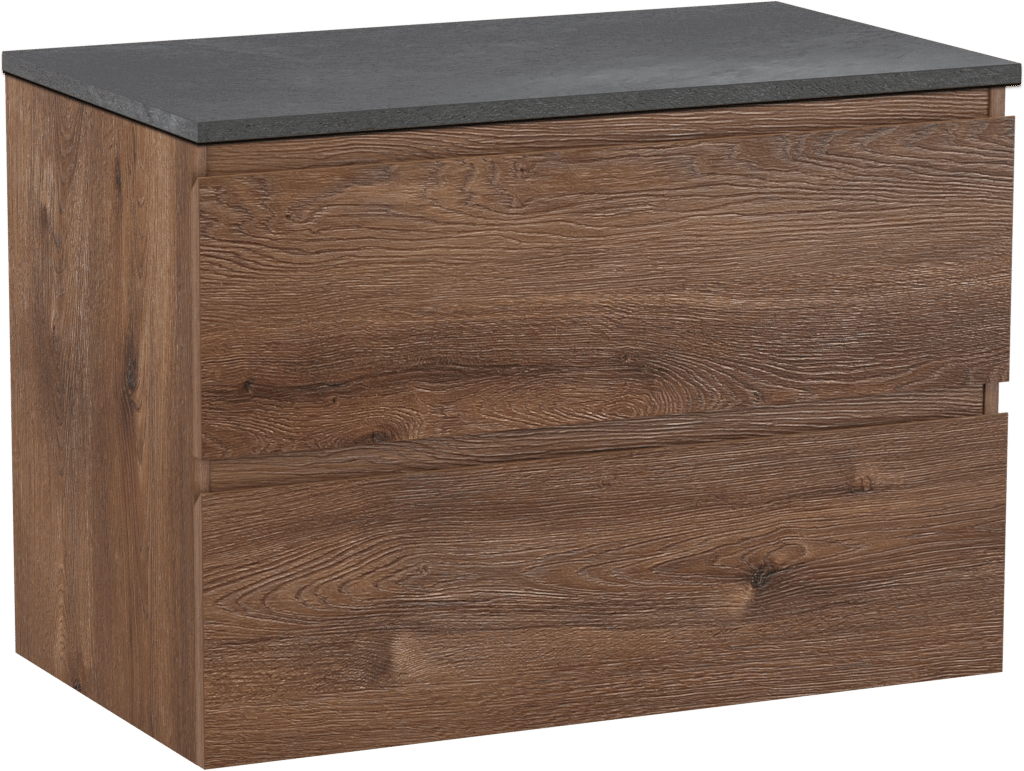 Linie Lado hängendes Möbelstück Set: 80 x 46 cm, Braune Eiche, mit Lado Einzel Waschtischplatte, Melamin Schiefergrau