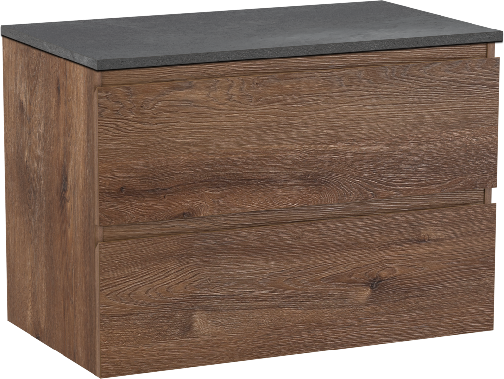 Linie Lado zwevend badkamermeubel 80 x 46 cm bruine eik met Lado enkel tablet in melamine leisteen grijs