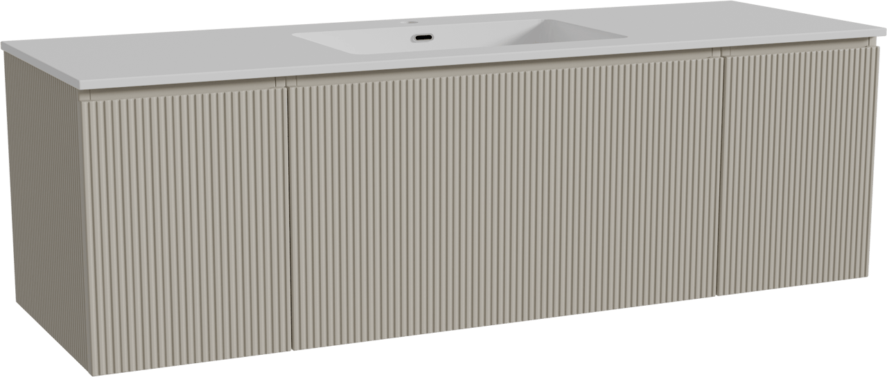 Storke Ribs zwevend badmeubel 155 x 52 cm zijdegrijs met Diva enkele wastafel in composietmarmer hoogglans wit, Verticale symmetrische rechte ribbel