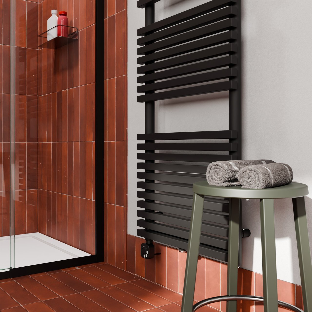 Vipera Vesuvio enkele handdoekradiator 60 x 180 cm elektrische verwarming mat zwart zij- en middenaansluiting 1173W, weerstand inbegrepen