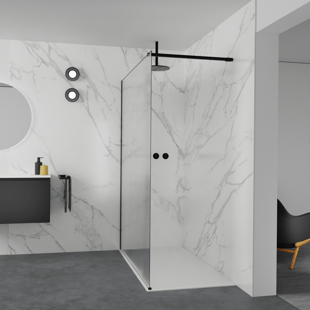 Balmani Modular inloopdouche: 160 x 200 cm, Ribs met coating, Mat zwarte profielen