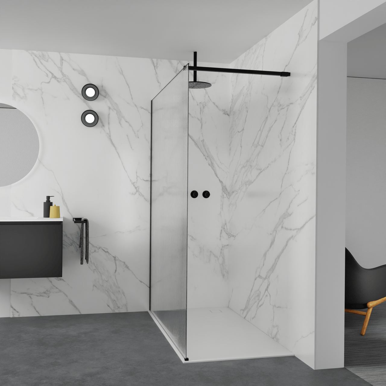 Balmani Modular Walk-In Dusche: 160 x 200 cm, Ribs, inklusive Coating, Profil Schwarz matt