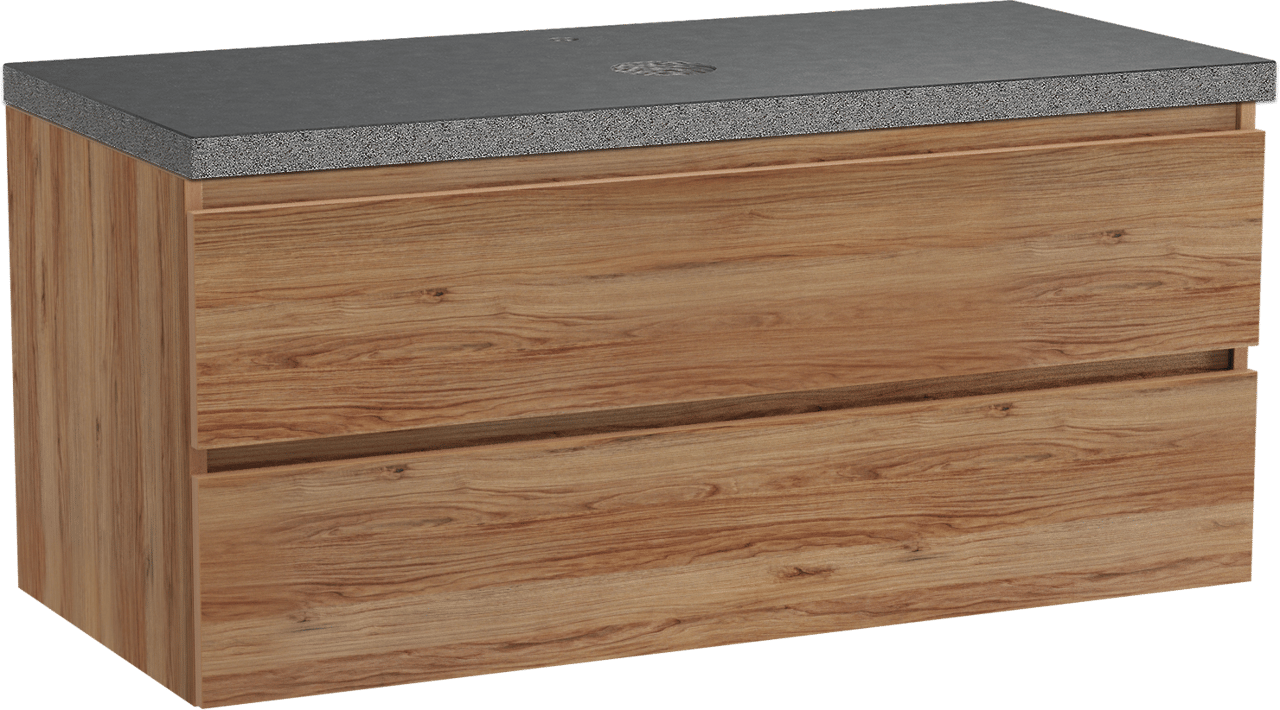 Balmani Lucida hängendes Möbelstück Set: 120 x 55 cm, Teak, mit Rock Einzel Waschtischplatte, Schwarzes Granit