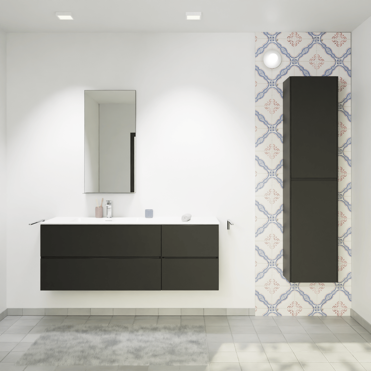 Storke Edge zwevend badmeubel 140 x 52 cm mat zwart met Mata asymmetrisch linkse wastafel in solid surface mat wit