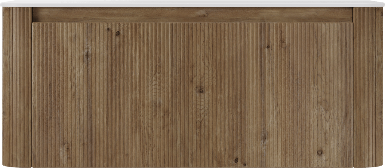 Storke Soft zwevend badkamermeubel 120 x 46 cm ruwe eik met Tavola Soft enkele of dubbele tablet in solid surface mat wit, Verticale symmetrische rechte ribbel