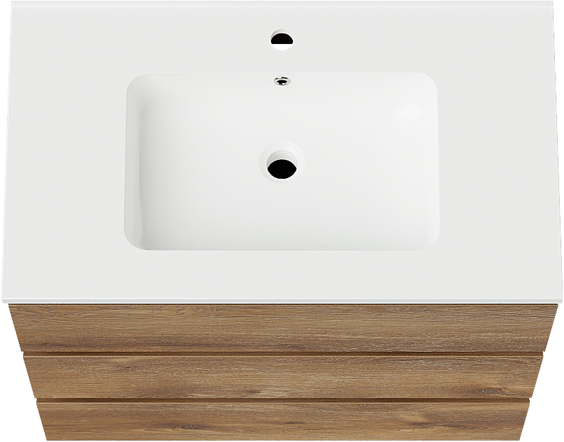 Linie Lado freistehendes Möbelstück Set: 80 x 46 cm, Braune Eiche, mit Vano Einzelwaschtisch, Marmorkomposit Weiß glänzend