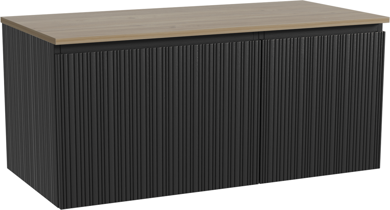 Storke Ribs zwevend badmeubel 110 x 52 cm zwart eiken met Panton enkel wastafelblad in melamine ruw eiken, Verticale asymmetrische rechte ribbel