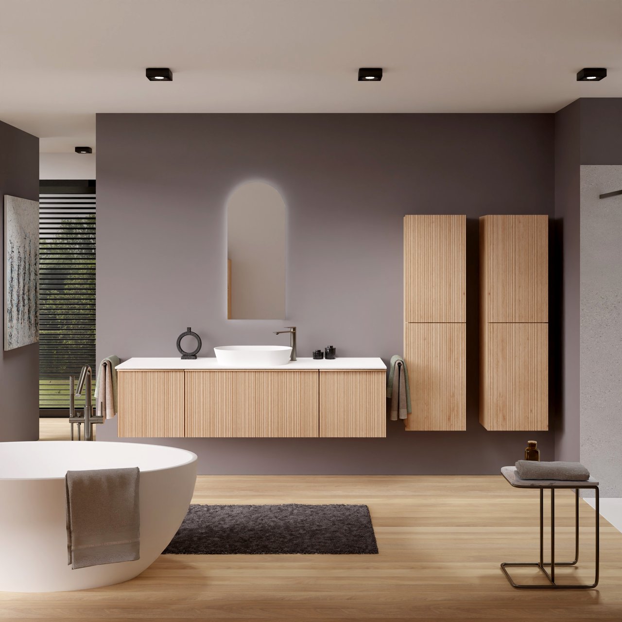 Balmani Forma zwevend badmeubel 180 x 55 cm naturel eiken met Stretto enkel of dubbel wastafelblad in solid surface mat wit, Verticale asymmetrische ronde ribbel