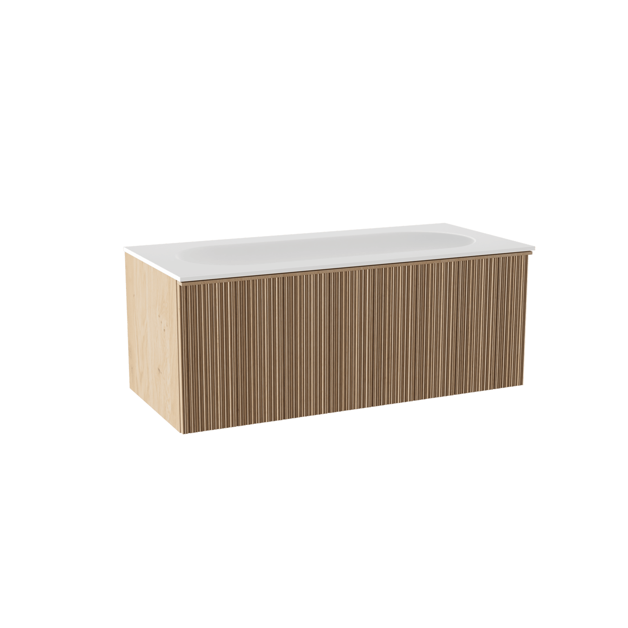 Balmani Forma zwevend badkamermeubel 120 x 55 cm natuur eik met Tablo Oval enkele wastafel voor 2 kraangaten in solid surface mat wit, Verticale asymmetrische ronde ribbel