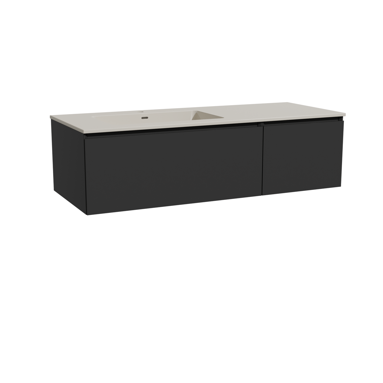 Storke Edge zwevend badkamermeubel 130 x 52 cm mat zwart met Diva asymmetrisch linkse wastafel in top solid zijdegrijs