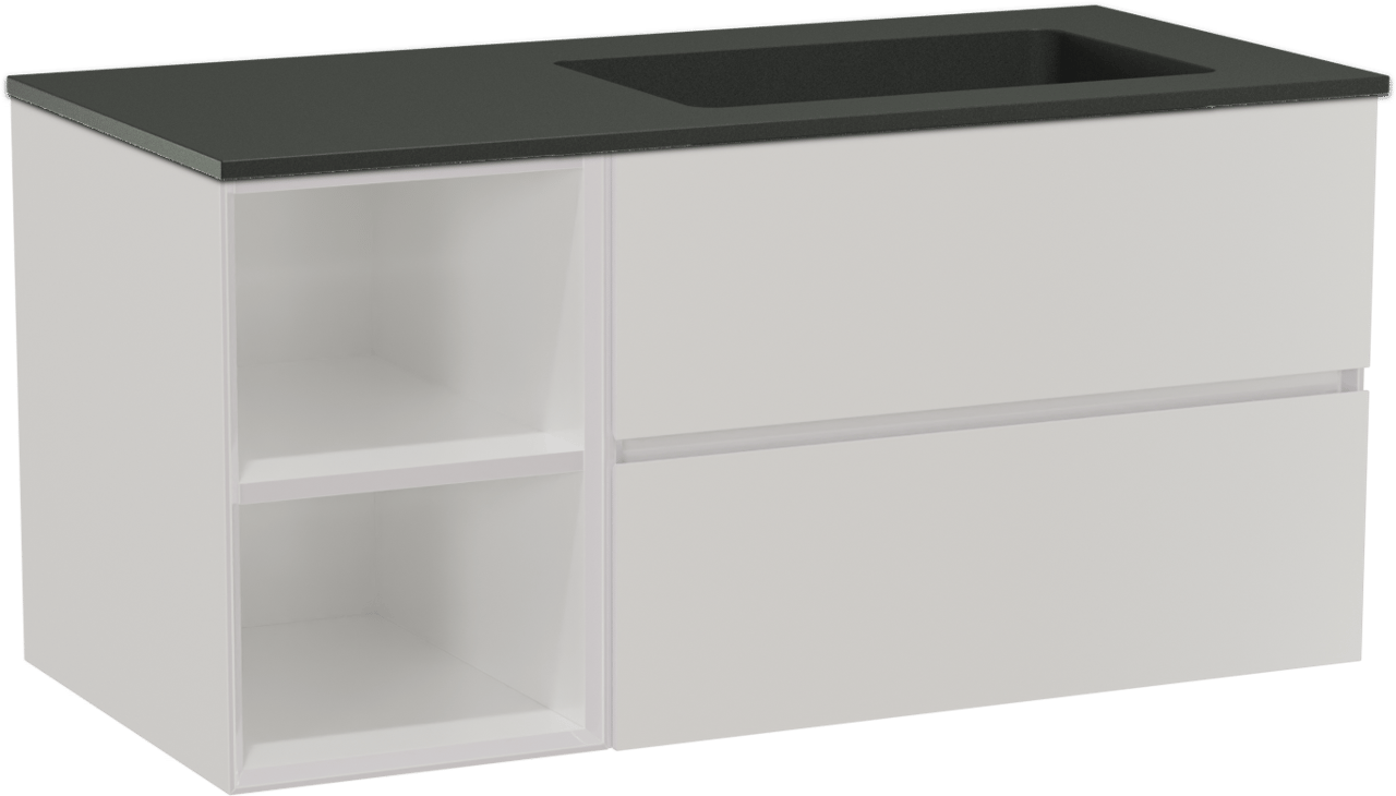 Storke Edge zwevend badmeubel 110 x 52 cm hoogglans wit met Scuro asymmetrisch rechtse wastafel in kwarts mat zwart